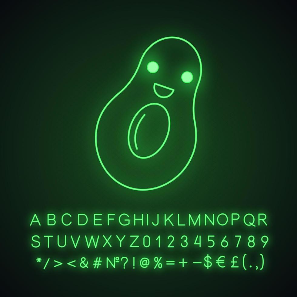 Avocado cute kawaii neon light character. Fruit with smiling face. Happy food. Funny emoji, emoticon, smile. Glowing icon with alphabet, numbers, symbols. Vector isolated illustration