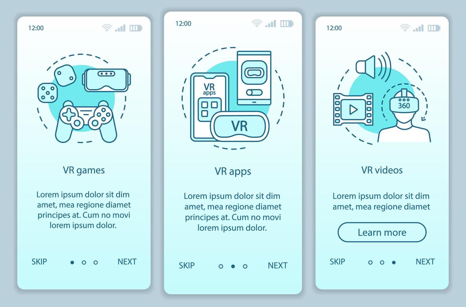 Virtual reality programs onboarding mobile app page screen with linear concepts. VR entertainment. VR games, apps, videos walkthrough steps graphic instructions. UX, UI, GUI vector template with icons