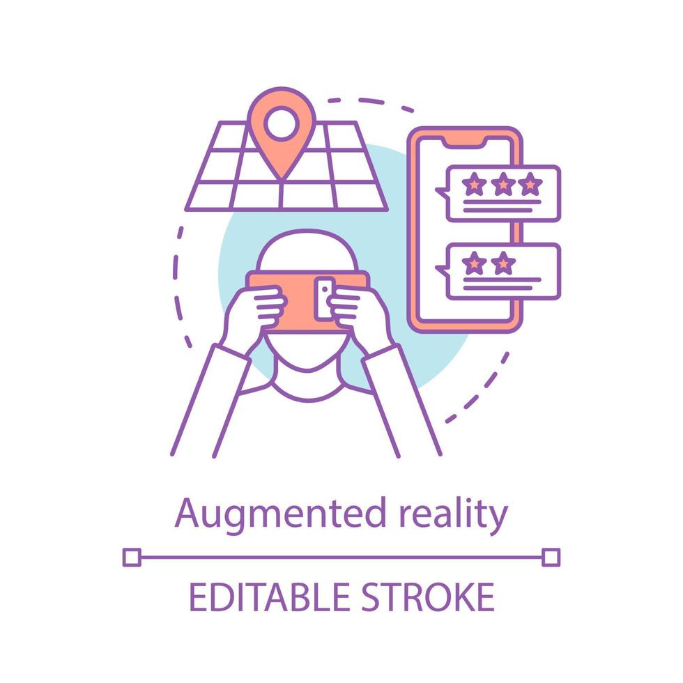 Augmented reality concept icon. AR applying. E-commerce via virtual reality tools. Entertainment and gaming. Mixed reality idea thin line illustration. Vector isolated outline drawing. Editable stroke