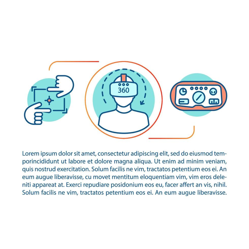 Virtual reality concept linear illustration. VR possibilities. 360 degree video, gaming console, headset. VR equipment. Article, brochure, magazine page. Print design. Vector isolated outline drawing
