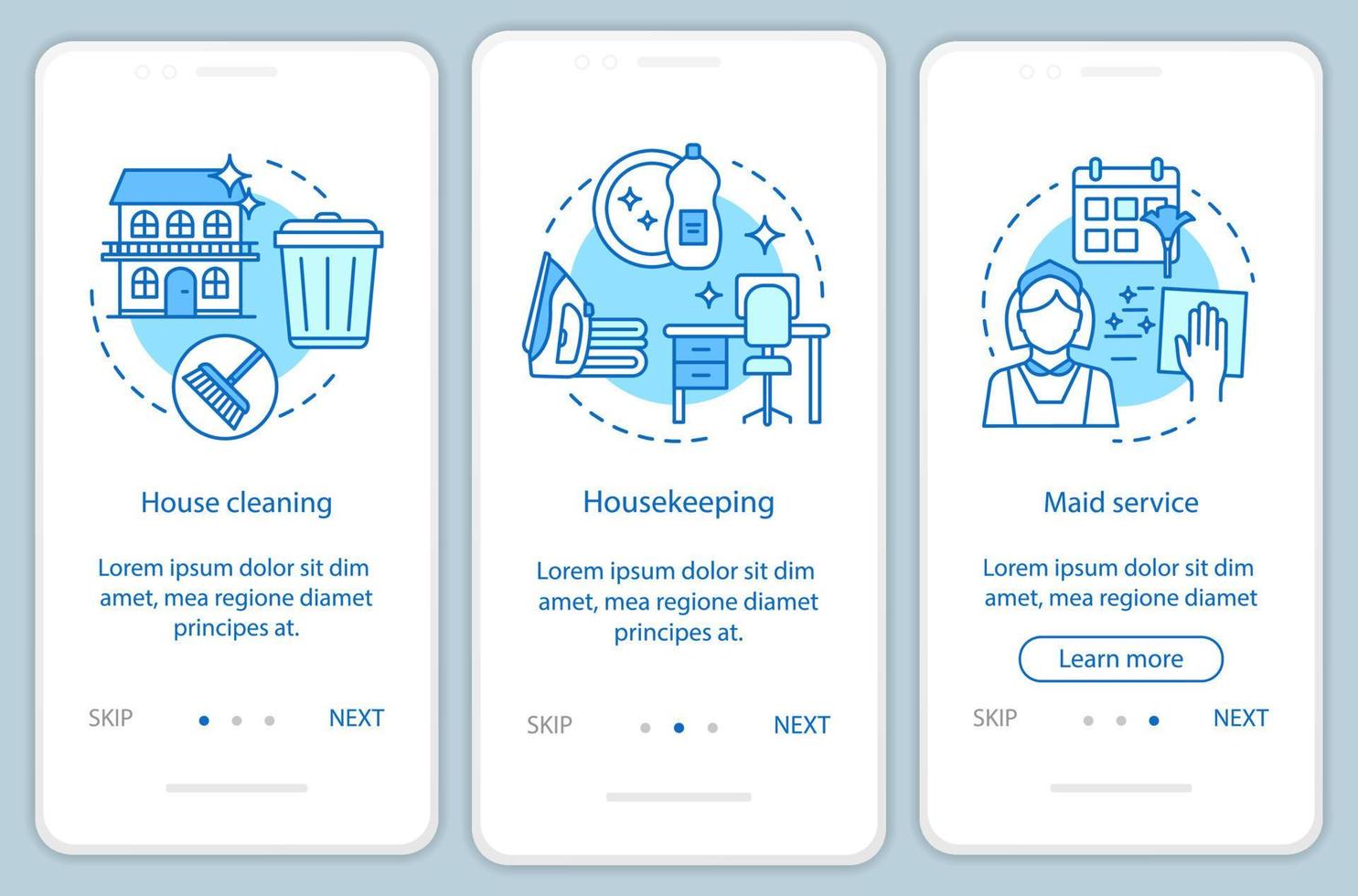 pantalla de la página de la aplicación móvil de incorporación del servicio doméstico, conceptos lineales. planificación de la limpieza de la casa. tres, paso a paso instrucciones gráficas. servicio de limpieza. ux, ui, plantilla vectorial gui con ilustraciones vector