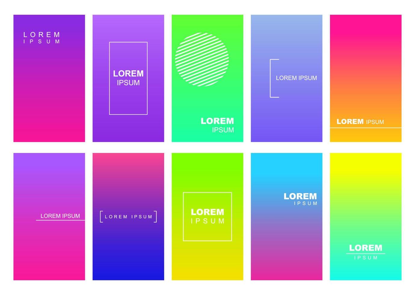 Gradient social media stories duotone template set. Neon advertising web banner with text, promotion content layout. Modern vibrant mobile app design. Blending rainbow colors with frame mockup pack vector