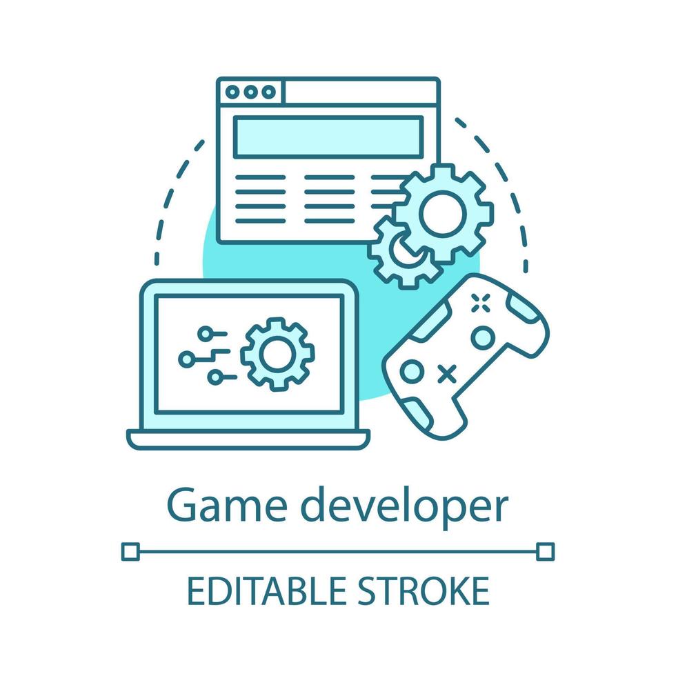 Game developer concept icon. Search, install, configure game. Programmer work. Gaming software programming, testing idea thin line illustration. Vector isolated outline drawing. Editable stroke