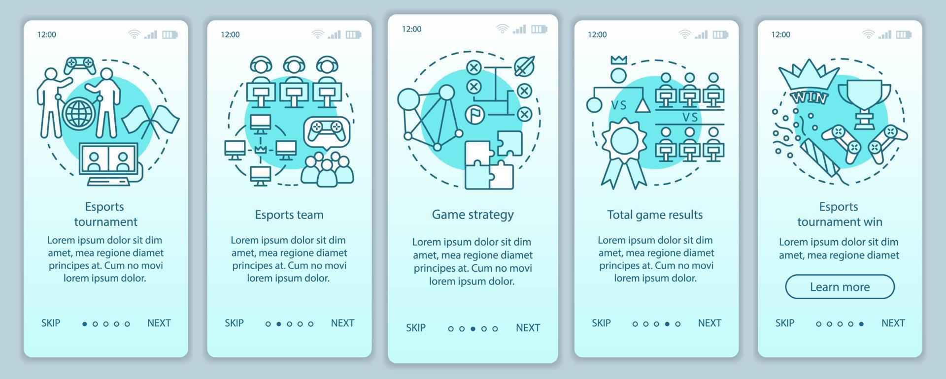 Esports tournament onboarding mobile app page screen vector template. E-sports championship, competition. Walkthrough website steps with linear illustrations. UX, UI, GUI smartphone interface concept
