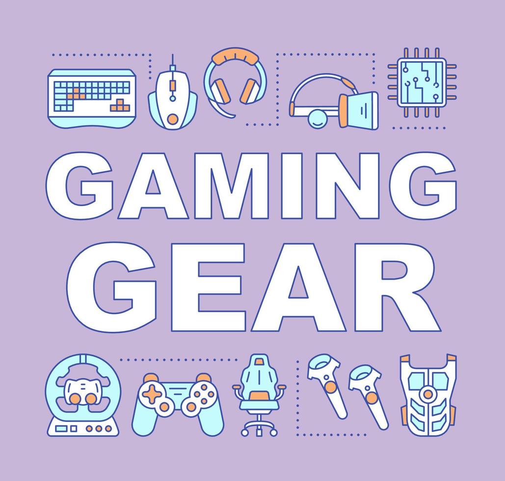 Gaming gear word concepts banner. Esports accessories. Video game devices. Gamer equipment. Presentation, website. Isolated lettering typography idea with linear icons. Vector outline illustration