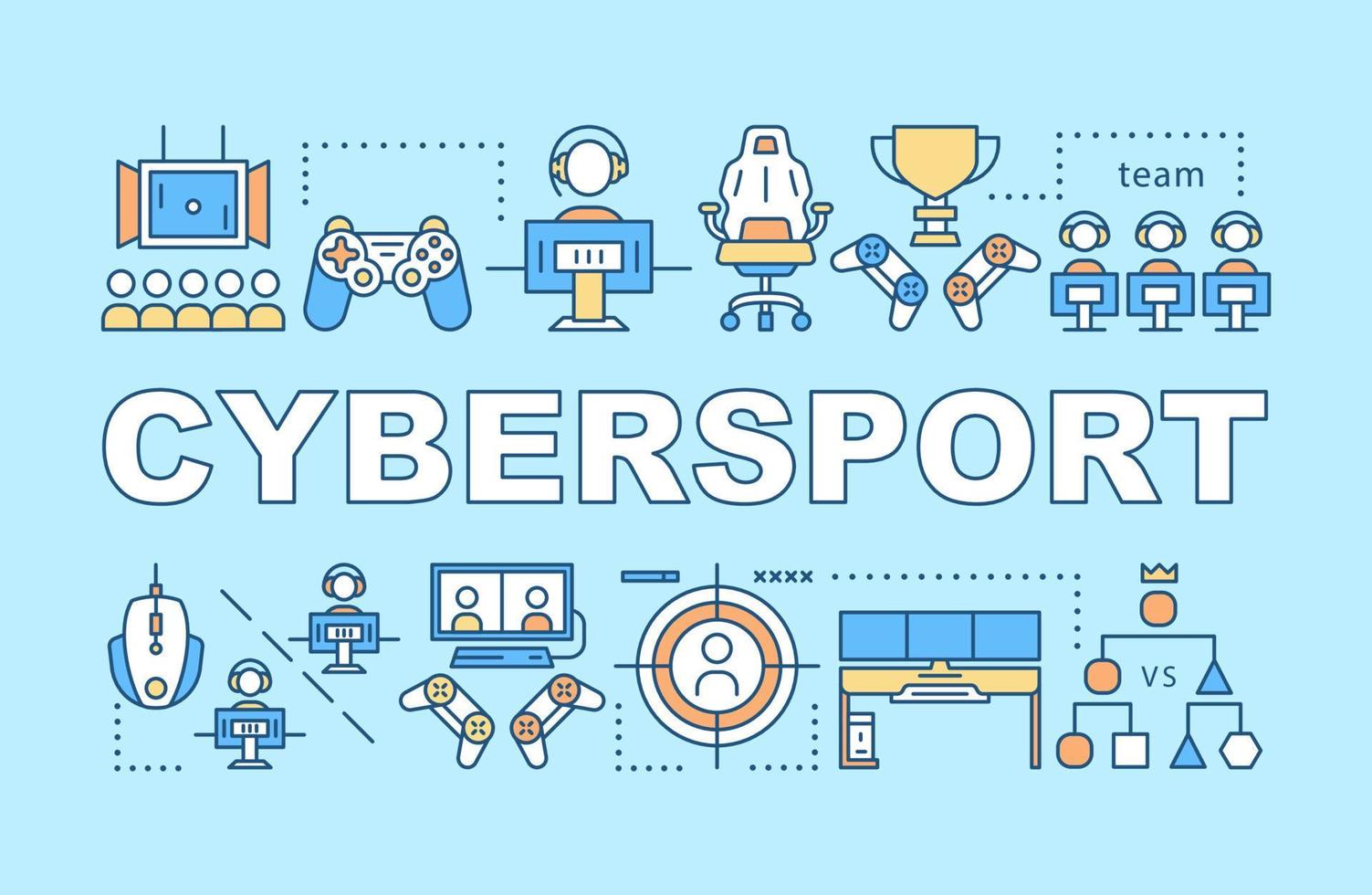 Cybersport word concepts banner. Esports tournament organizing. Computer games competition. Presentation, website. Isolated lettering typography idea with linear icons. Vector outline illustration