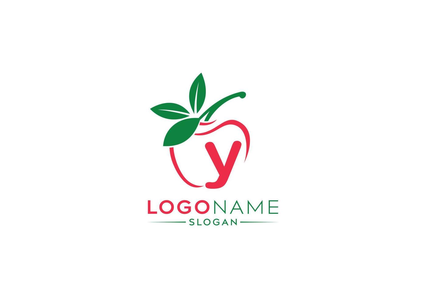 logotipo de letra y pequeña en manzana fresca con hojas verdes, logotipo de letra y y forma de vector de manzana de fruta natural