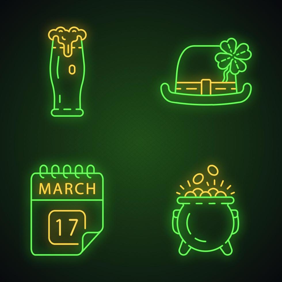 Saint Patrick Day neon light icons set. Feast of St. Patrick. Glass of ale, bowler hat with four leaf clover, March 17 calendar date, pot of gold. Glowing signs. Vector isolated illustrations