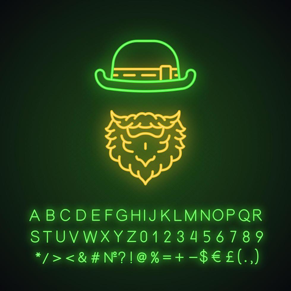 Leprechaun neon light icon. Man with bowler hat and beard. Saint Patrick Day. Glowing sign with alphabet, numbers and symbols. Vector isolated illustration