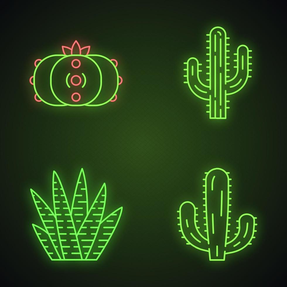 Wild cactuses neon light icons set. Succulents. Cacti collection. Saguaro, peyote, mexican giant and zebra cactuses. Glowing signs. Vector isolated illustrations