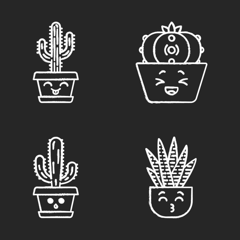 Cactuses chalk icons set. Laughing Saguaro and peyote cactuses. Kissing zebra home cacti. Hushed elephant cactus. Succulent plants. Botanical garden. Isolated vector chalkboard illustrations
