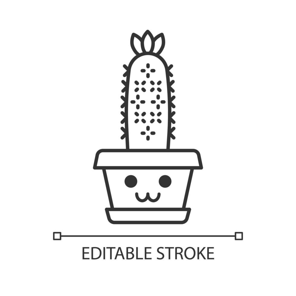 Hedgehog cactus cute kawaii linear character. Cactus with smiling face. Echinopsis with flower. Home cacti. Happy plant in pot. Thin line icon. Vector isolated outline illustration. Editable stroke
