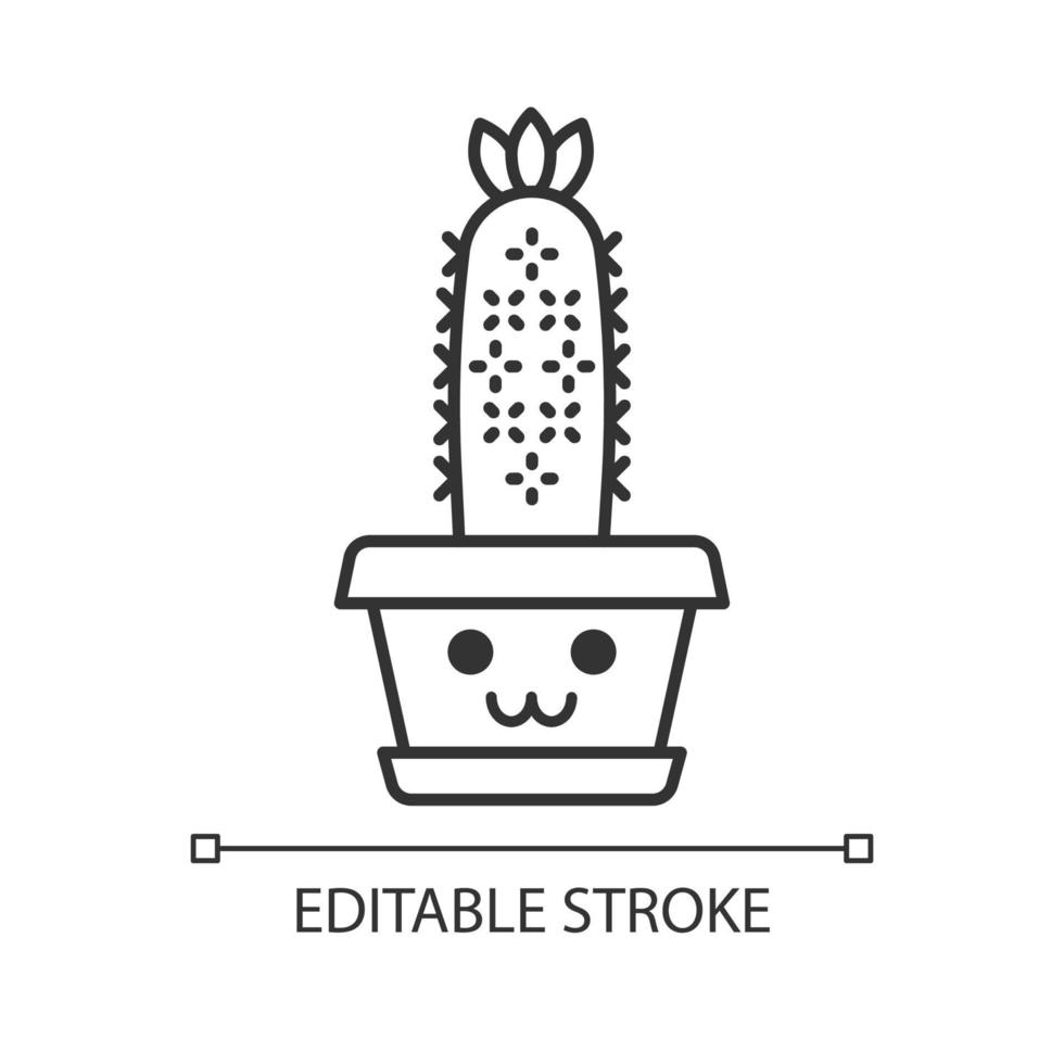 Hedgehog cactus cute kawaii linear character. Cactus with smiling face. Echinopsis with flower. Home cacti. Happy plant in pot. Thin line icon. Vector isolated outline illustration. Editable stroke