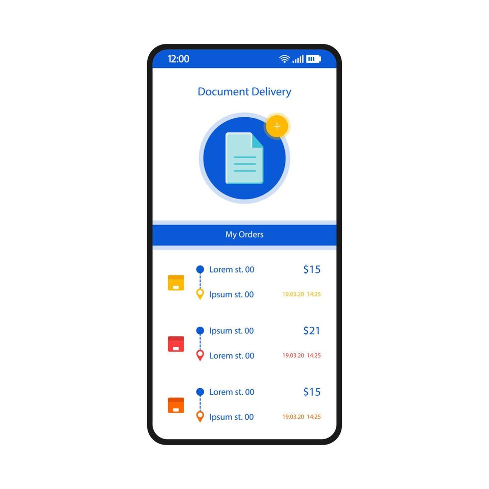 Document courier delivery smartphone interface vector template. Mobile app page white design layout. My orders history screen. Flat UI for application. Online resources, books rental. Phone display