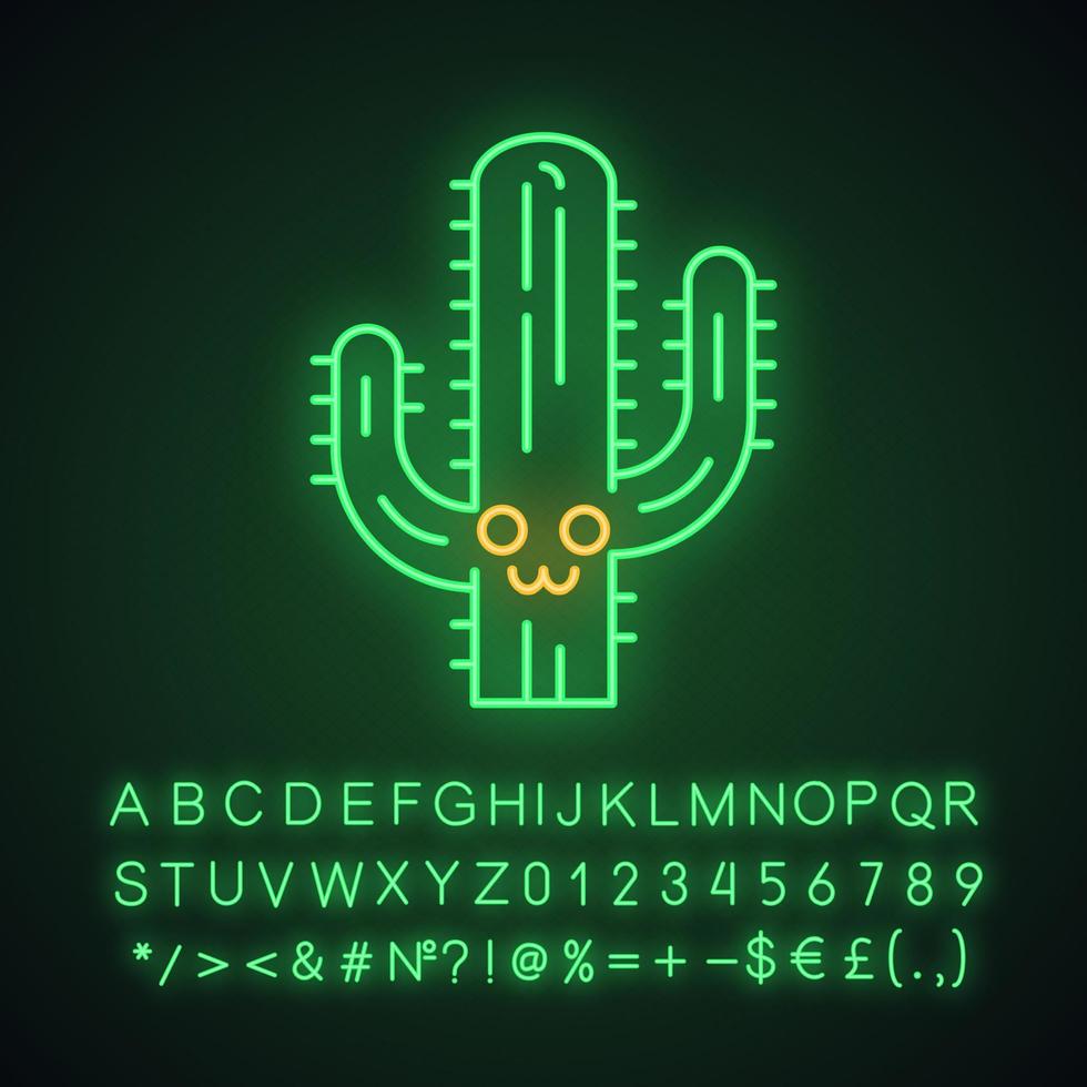 Saguaro cute kawaii neon light character. Cactus with smiling face. Wild cacti. Happy tropical plant. Funny emoji, emoticon. Glowing icon with alphabet, numbers, symbols. Vector isolated illustration