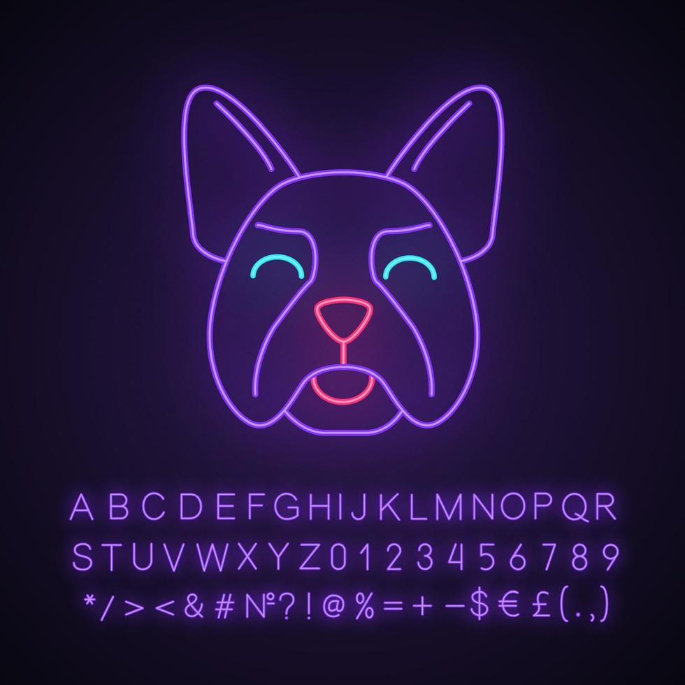 French Bulldog cute kawaii neon light character. Dog with smiling muzzle. Animal with smiling eyes, tongue. Funny emoji, emoticon. Glowing icon, alphabet, number, symbols. Vector isolated illustration