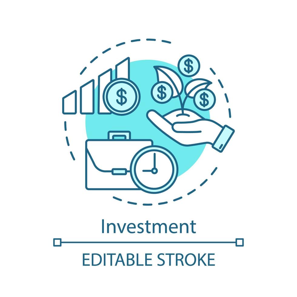 Investment concept icon. Financial portfolio. Capital growth. Increase in cash income. Investing money for profit idea thin line illustration. Vector isolated outline drawing. Editable stroke