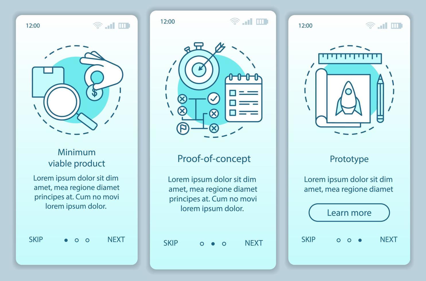 prueba de inicio incorporando la pantalla de la página de la aplicación móvil con conceptos lineales. prueba de producto mvp, poc, instrucciones gráficas de los pasos del tutorial del prototipo. ux, ui, plantilla vectorial gui con ilustraciones vector