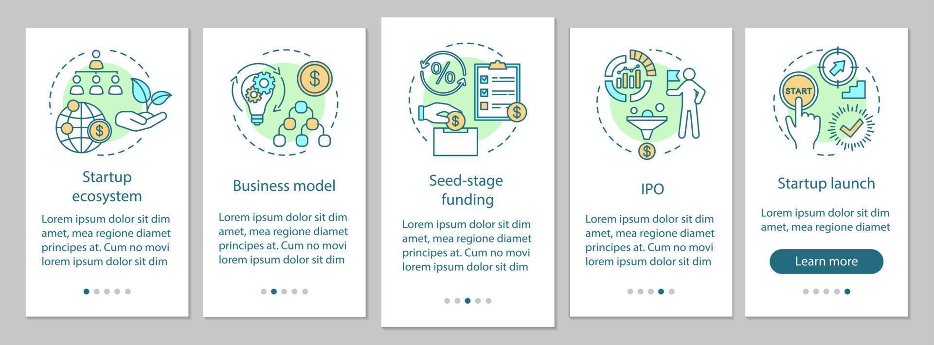 pantalla de página de la aplicación móvil de incorporación de inicio con conceptos lineales. instrucciones gráficas de los pasos del tutorial de creación de empresas. ux, ui, plantilla vectorial gui con ilustraciones vector