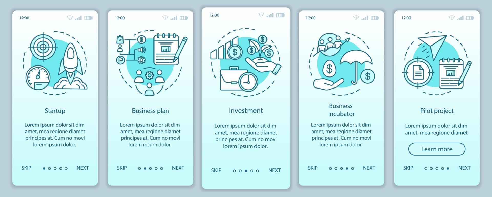 Business industry onboarding mobile app page screen with linear concepts. Startup, project launch walkthrough steps graphic instructions. UX, UI, GUI vector template with illustrations