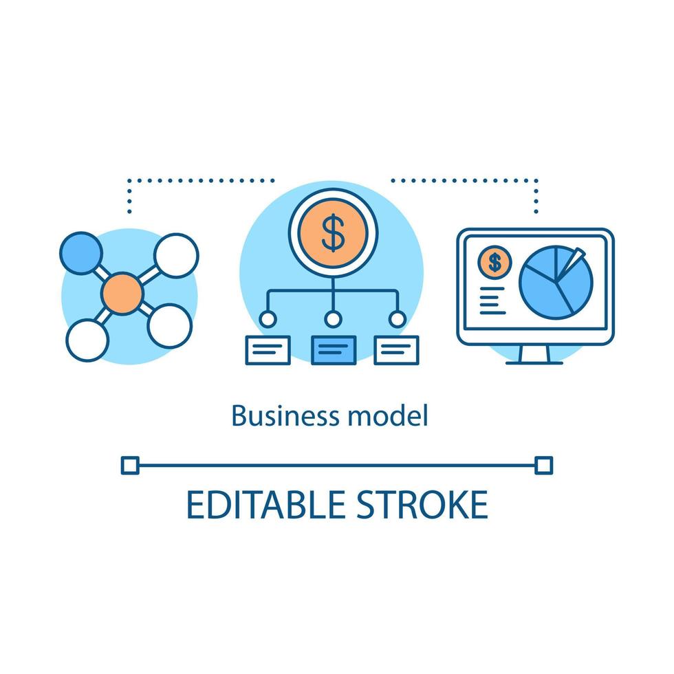 Business model concept icon. Startup development strategy. Finance distribution. Marketing research. Investment plan idea thin line illustration. Vector isolated outline drawing. Editable stroke