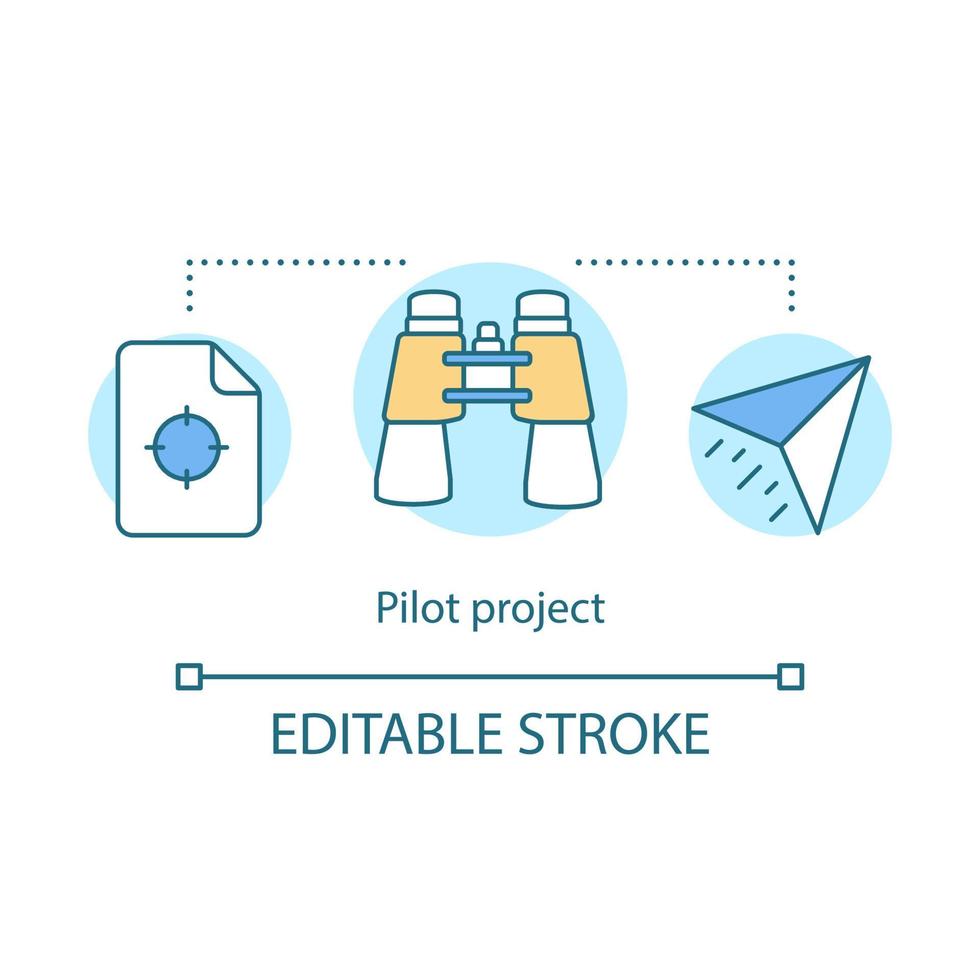 Pilot project concept icon. Startup. Project start. Paper airplane, target, binoculars. New product launch idea thin line illustration. Vector isolated outline drawing. Editable stroke