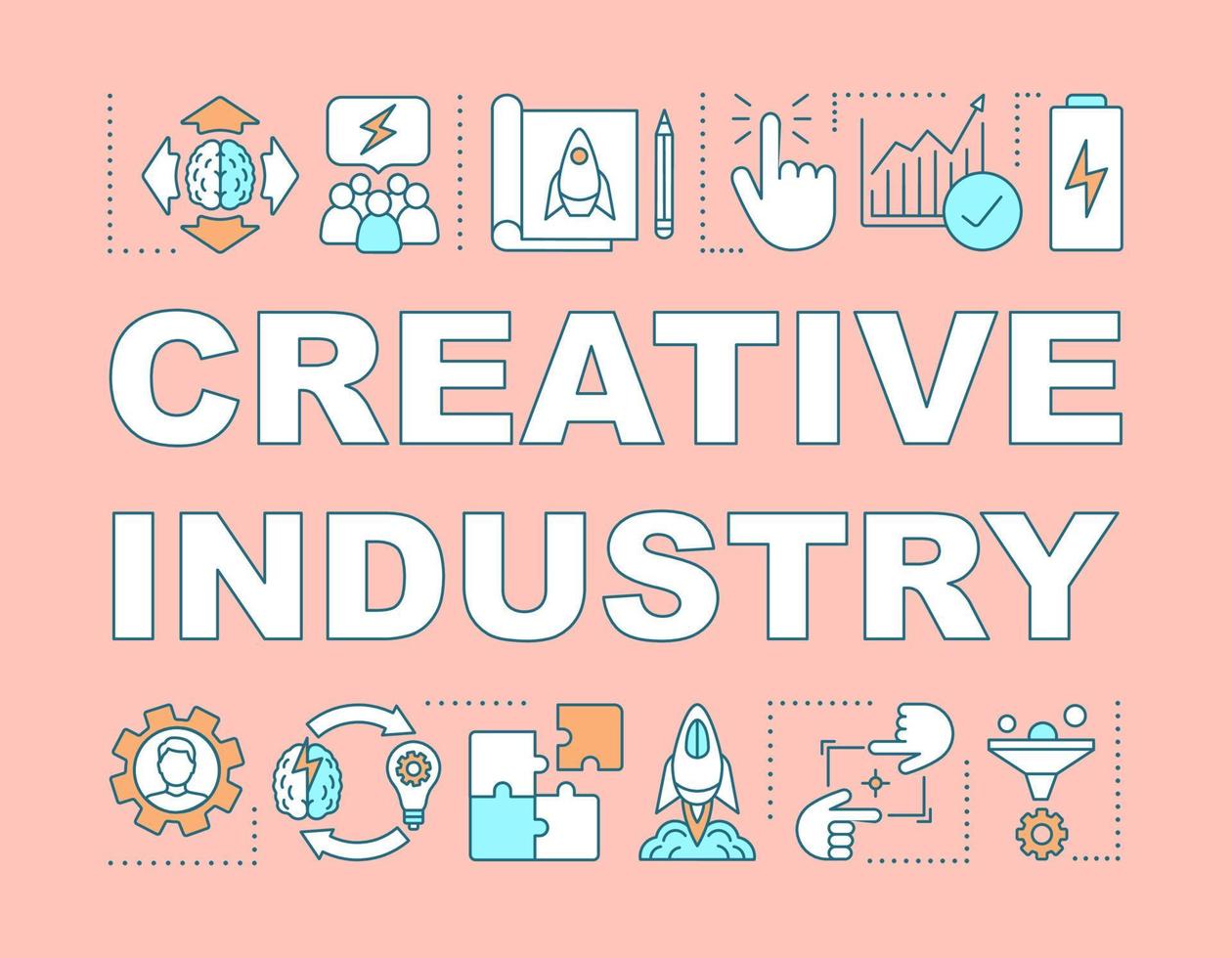 banner de conceptos de palabra de industria creativa. industria cultural. lanzamiento de inicio. innovación empresarial. presentación, sitio web. idea de tipografía de letras aisladas con iconos lineales. ilustración de contorno vectorial vector