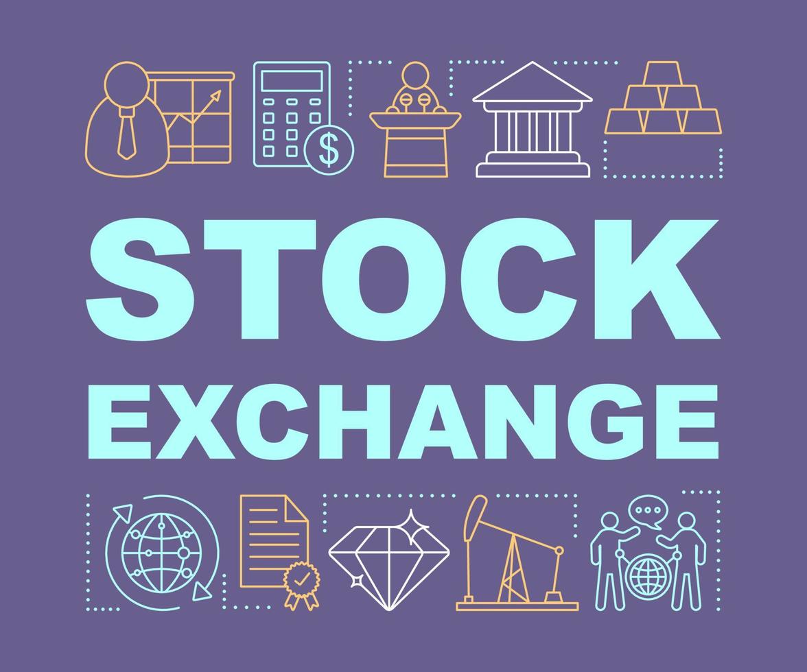 Stock exchange word concepts banner. Financial market. Purchase of securities. Broker work. Presentation, website. Isolated lettering typography idea with linear icons. Vector outline illustration