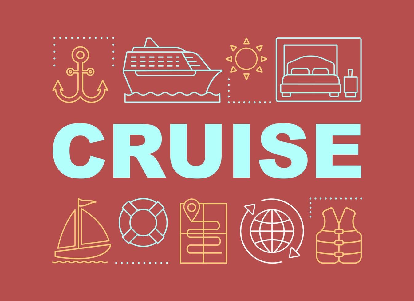 banner de conceptos de palabras de crucero. oferta de agencia de viajes. travesía, viaje marítimo, gira. presentación, sitio web. idea de tipografía de letras aisladas con iconos lineales. crucero. ilustración de contorno vectorial vector