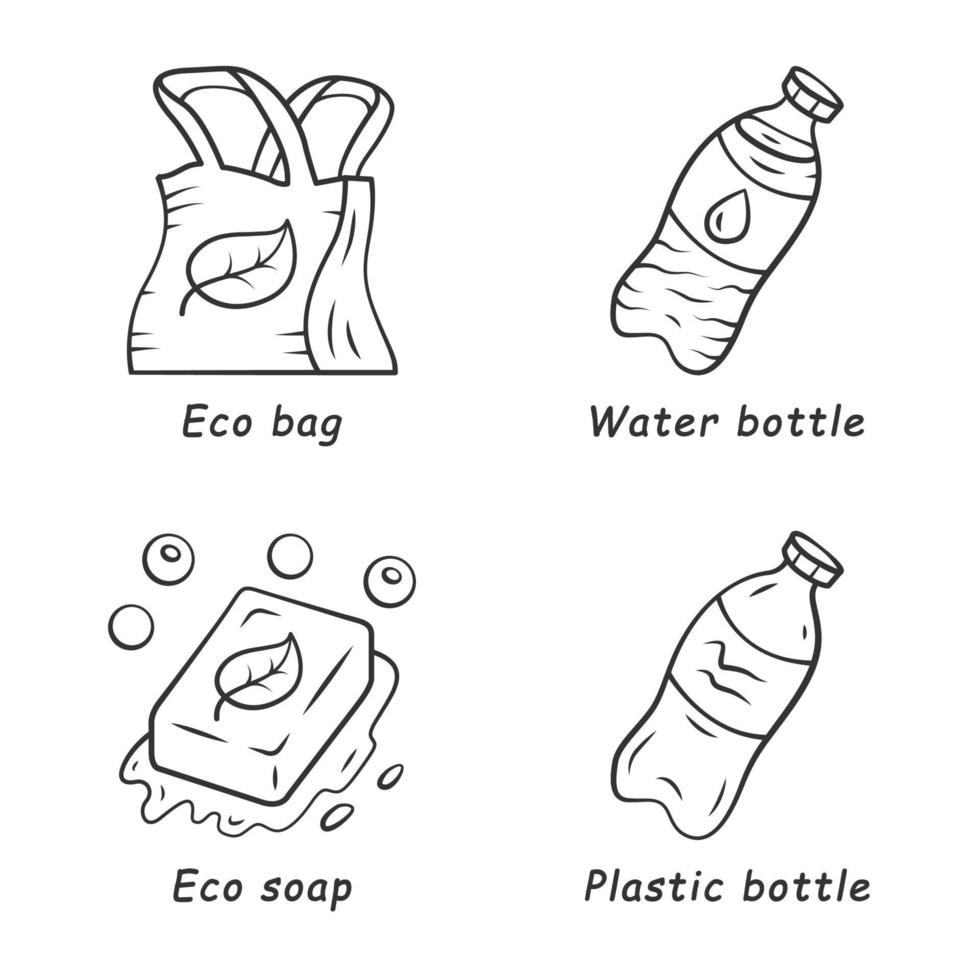 Zero waste swaps handmade linear icons set. Eco friendly, reusable materials. Plastic water bottle, eco soap, bag. Thin line contour symbols. Isolated vector outline illustrations. Editable stroke