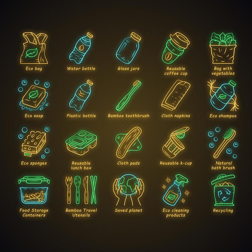 Zero waste swaps handmade neon light icons set. Organic, sustainable products. Reusable, environmentally friendly materials. Eco bag, soap, shampoo. Glowing signs. Vector isolated illustrations