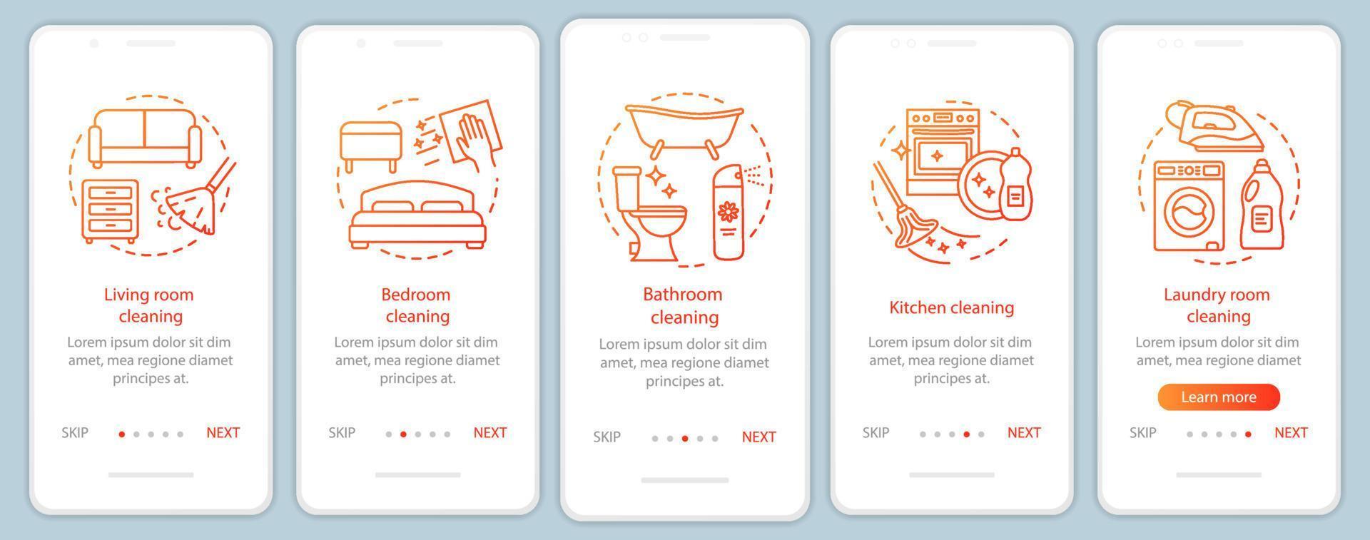 Home cleaning onboarding mobile app page screen, linear concepts. Laundry room, kitchen, bathroom cleanup. Five, walkthrough steps graphic instructions. UX, UI, GUI vector template with illustrations