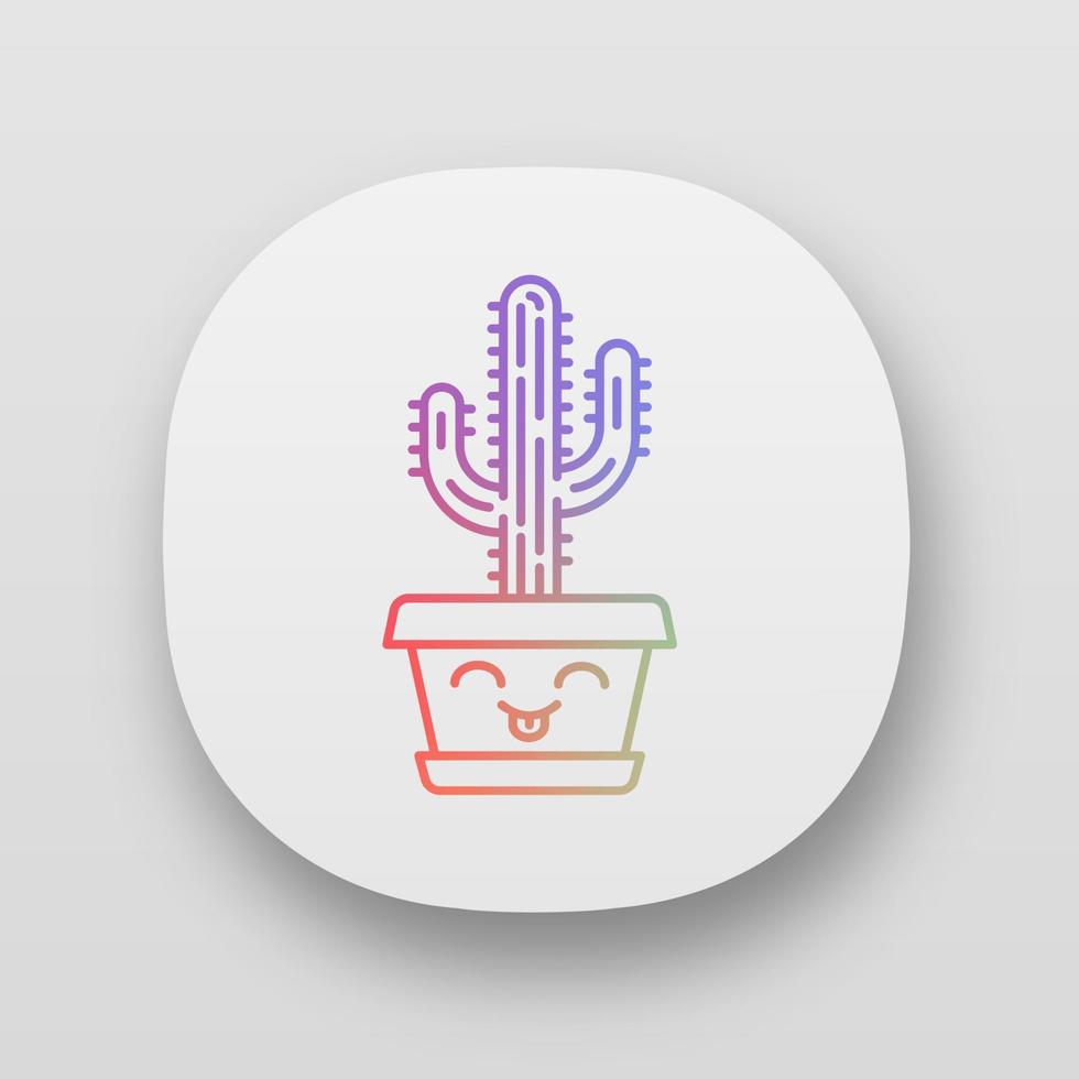 Saguaro app icon. Cactus with smiling face. Home cacti with tongue out. Happy tropical plant in pot. Houseplant. UI UX user interface. Web or mobile applications. Vector isolated illustrations