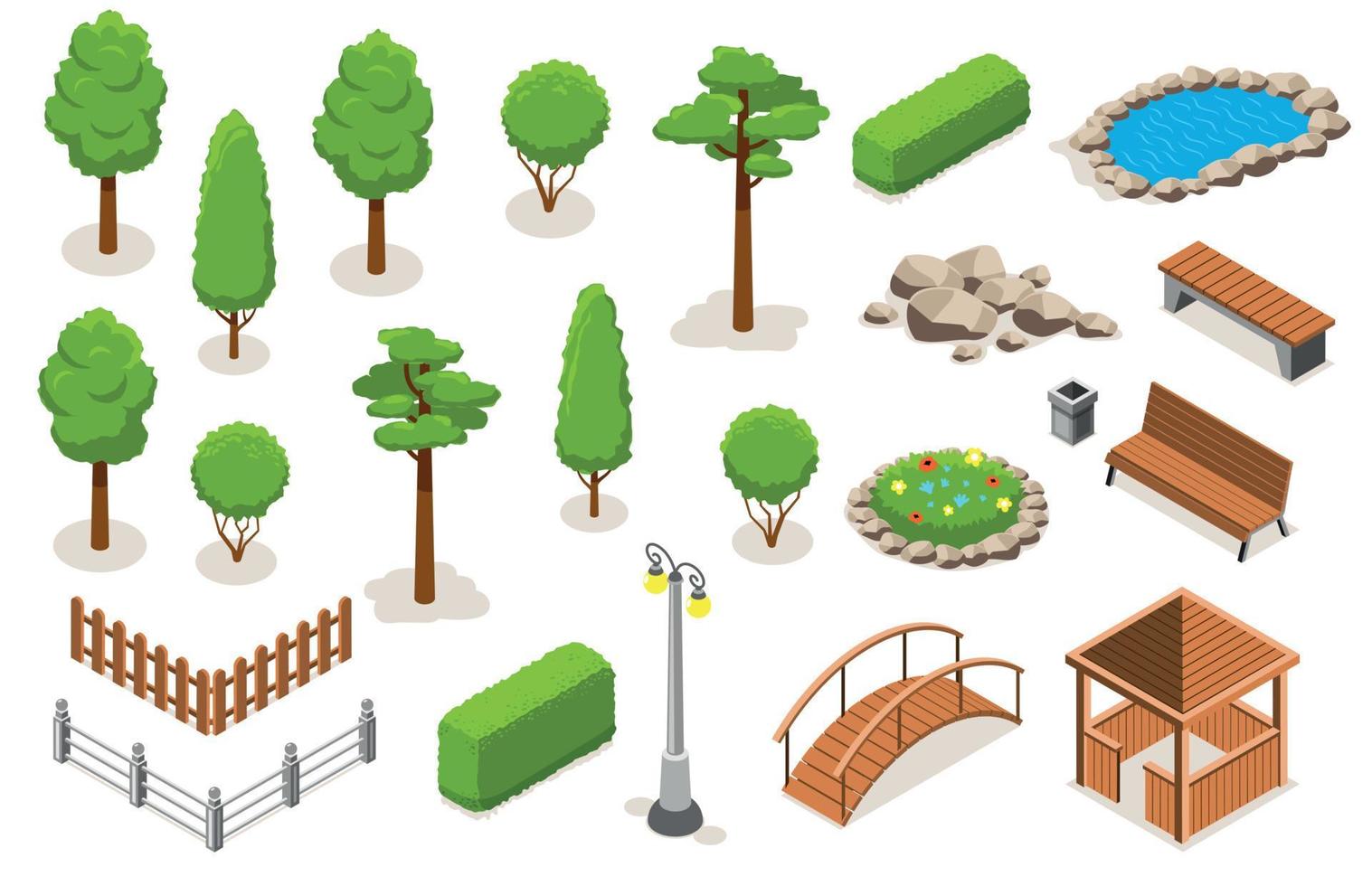 conjunto de iconos de elementos de paisaje de parque isométrico vector