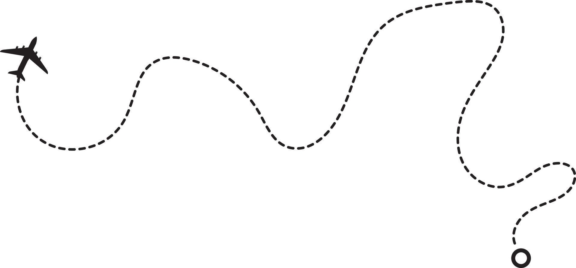 trayectoria del avión en forma de línea punteada. signo de puntero de marcador de mapa pin. icono de viaje de ruta de línea de avión. seguimiento de aeronaves, línea de puntos de viaje de aviones vector