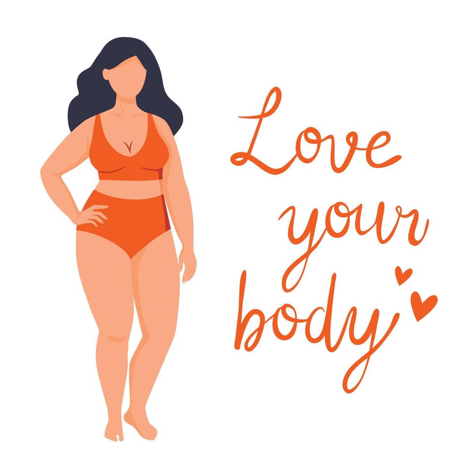 cartel positivo para el cuerpo con letras dibujadas a mano de moda ama tu cuerpo. personajes femeninos. cita de feminismo vector