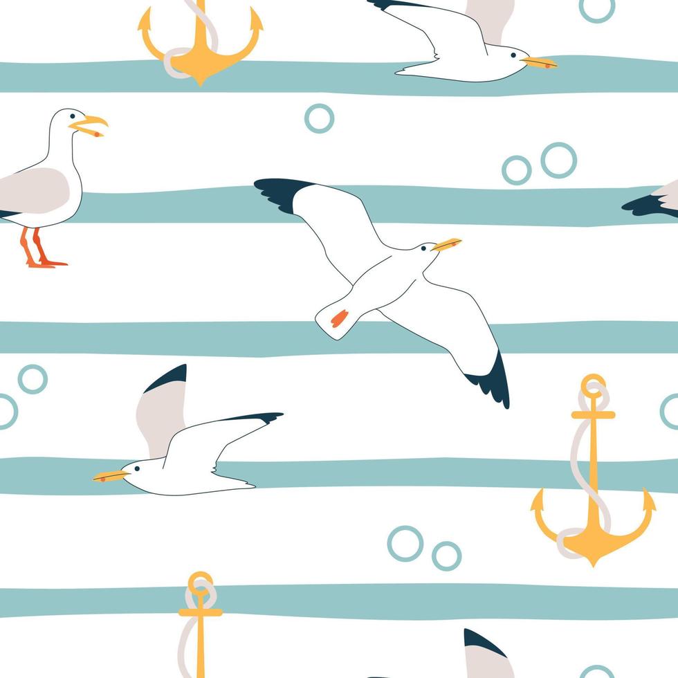 Summer pattern. Vector seamless pattern with summer symbols, such as seagulls, starfish, and anchor.