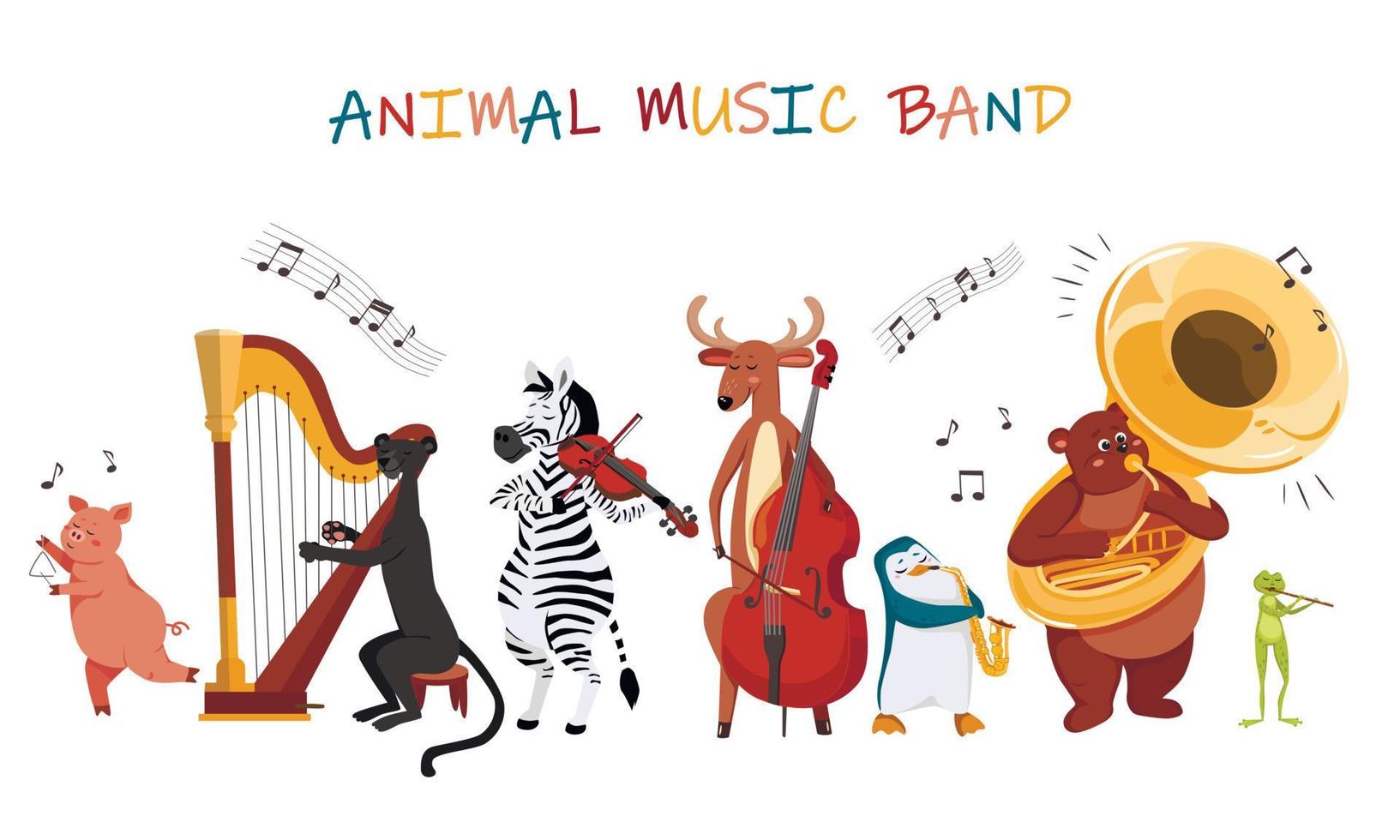 personajes de la banda de música de animales de música vectorial. lindos animales de dibujos animados tocando música. vector