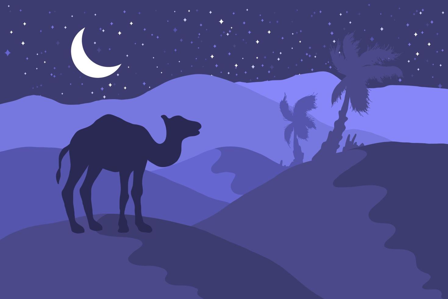 Desert landscape with camel silhouette flat illustration vector