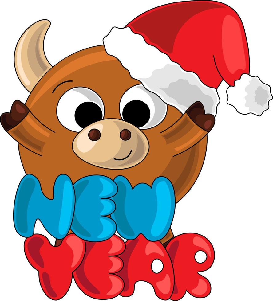 Cute New Year bull in cartoon style with the inscription vector