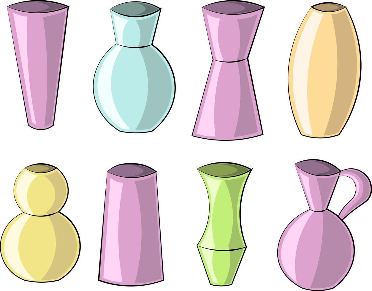 Set with purple, blue, yellow, green and orange vases vector