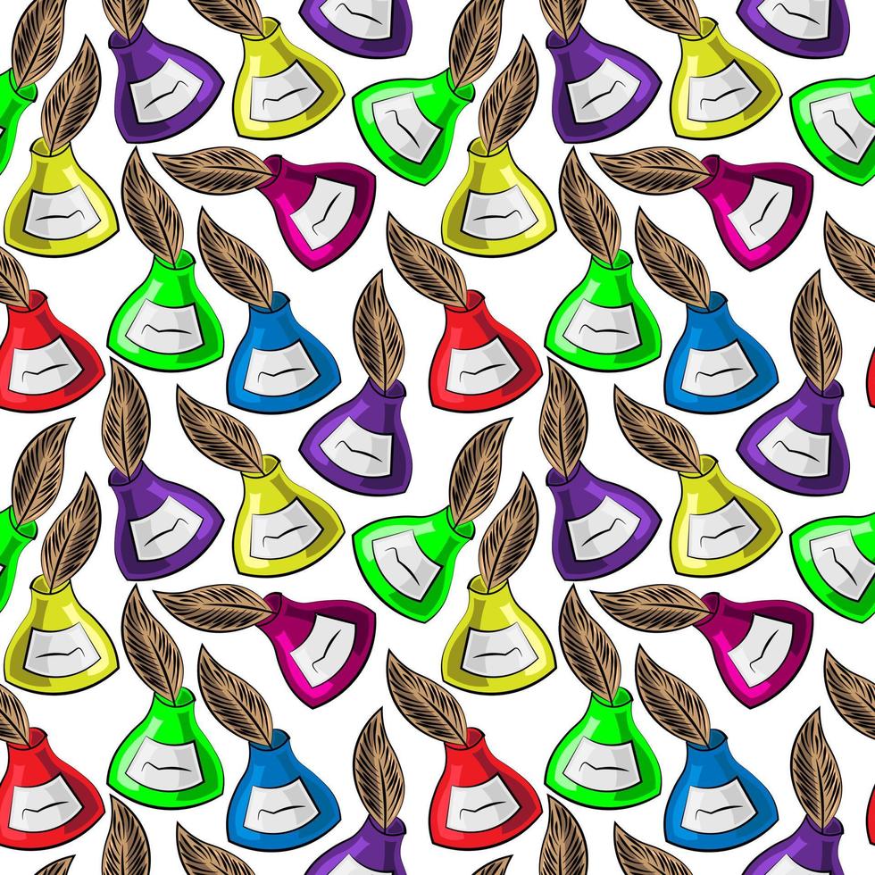 Seamless vector pattern with inkwells and pens