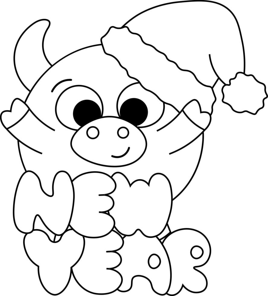 Cute bull in a Christmas hat and lettering in black and white vector