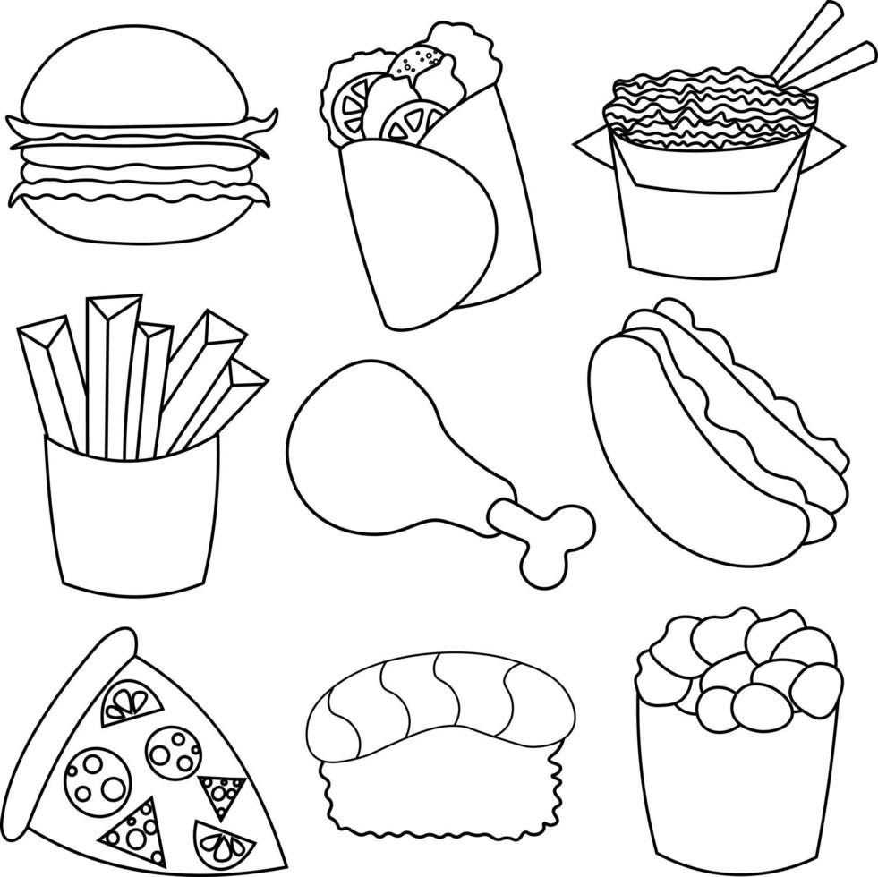 Icons on the topic of fast food in black and white vector