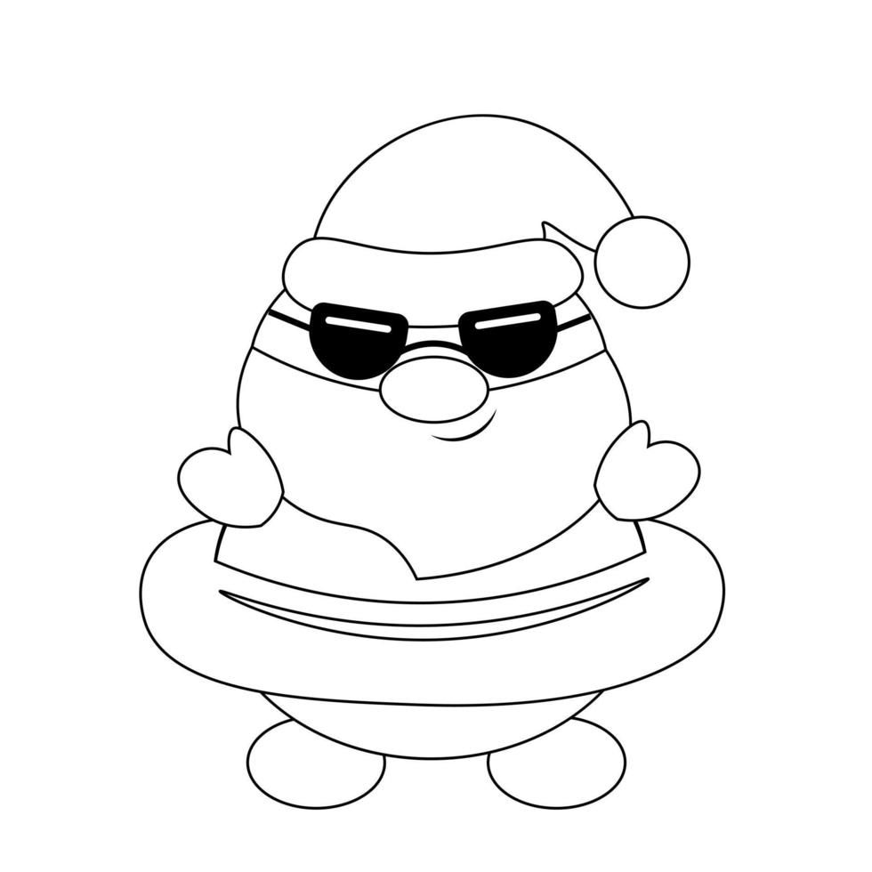 Summer Santa with inflatable rubber ring and black glasses. Draw illustration in black and white vector