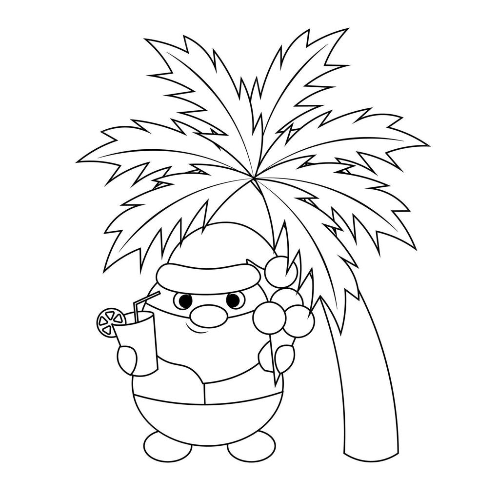 Summer Santa under the palm tree. Draw illustration in black and white vector