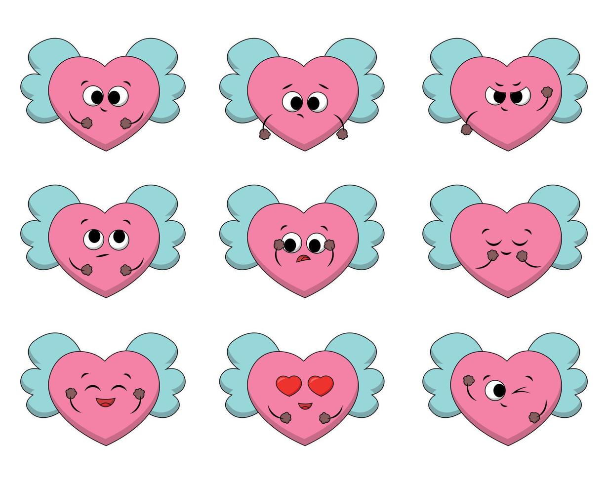 Set with cute cartoon Heart with Wing. Draw illustration in color vector