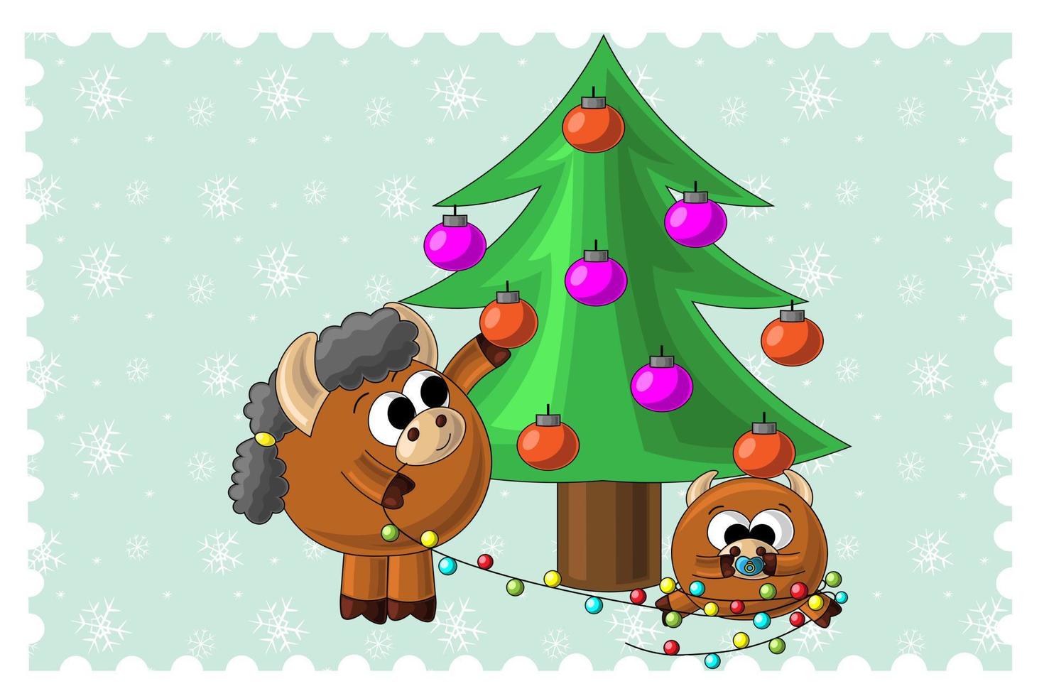 tarjeta de navidad con lindo toro de dibujos animados bebé y guirnalda vector