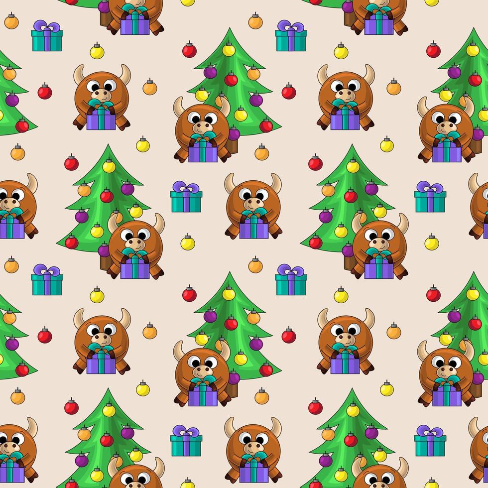 Seamless vector pattern with bull, Christmas tree and gift