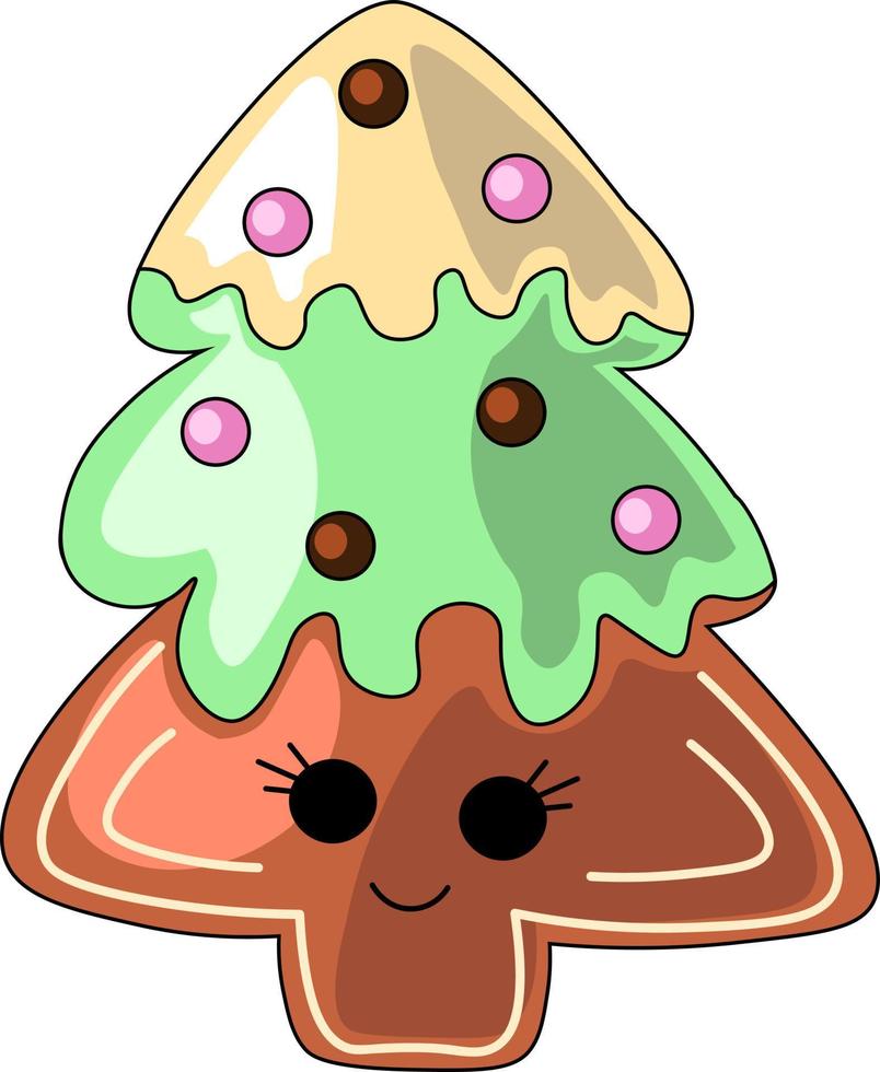 Cute drawn cartoon gingerbread in the shape of Christmas tree vector